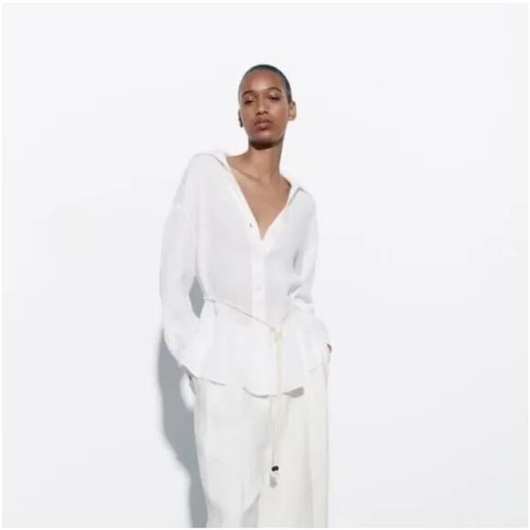 NWT Zara 100% Linen Oversized White Shirt Rope Tie Waist Large Wide Lapel V-Neck - Picture 1 of 7